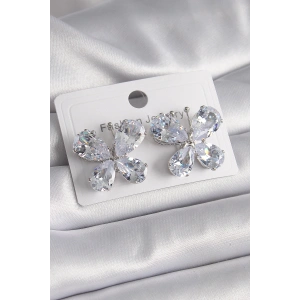 Erb Pirinç Gümüş Renk Zirkon Taşlı Kelebek Model Kadın Küpe