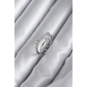 Erb Pirinç Gümüş Renk Zirkon Taşlı Kelebek Model Kadın Yüzük