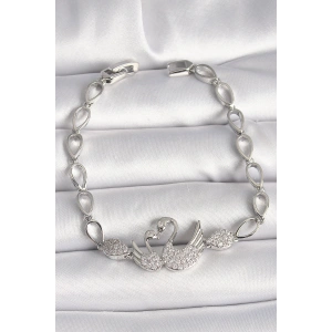 Erb Pirinç Gümüş Renk Zirkon Taşlı Kuğu Figür Damla Zincir Model Kadın Bileklik