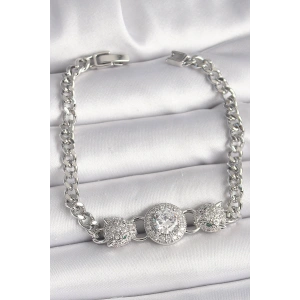 Erb Pirinç Gümüş Renk Zirkon Taşlı Leopar Figür Zincir Model Kadın Bileklik