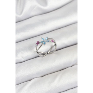 Erb Pirinç Gümüş Renk Zirkon Taşlı Mavi Çiçekli Kadın Yüzük