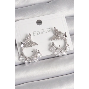 Erb Pirinç Gümüş Renk Zirkon Taşlı Sallantı Detay Kelebek Model Kadın Küpe