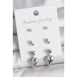 Erb Pirinç Gümüş Renk Zirkon Taşlı Sallantılı Kalp Model 3 Çift Kadın Küpe Seti