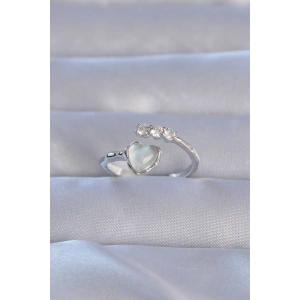 Erb Pirinç Gümüş Renk Zirkon Taşlı Sedefli Kalp Model Ayarlanabilir Yüzük