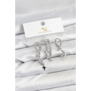 Erb Pirinç Gümüş Renk Zirkon Taşlı Uzay Model YSX Trio Küpe Seti