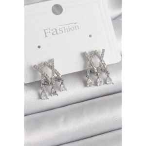 Erb Pirinç Gümüş Renk Zirkon Taşlı X Model Sallantı Detay Kadın Küpe