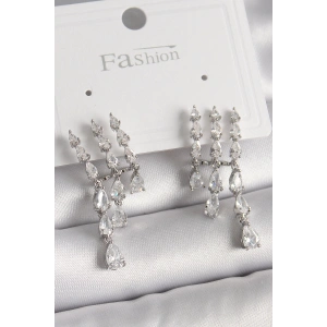 Erb Pirinç Gümüş Renk Zirkon Taşlı Yağmur Model Kadın Küpe