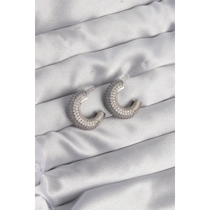 Erb Pirinç Gümüş Renk Zirkon Taşlı Yarım Halka Küpe