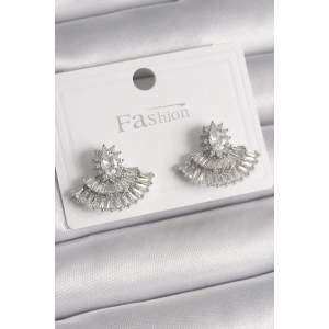 Erb Pirinç Gümüş Renk Zirkon Taşlı Yelpaze Model Kadın Küpe