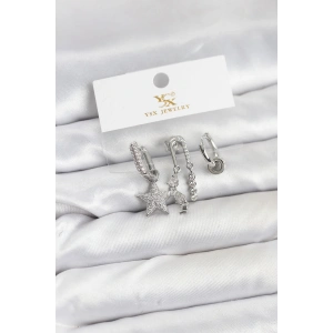 Erb Pirinç Gümüş Renk Zirkon Taşlı Yıldız Vintage Model YSX Trio Küpe Seti