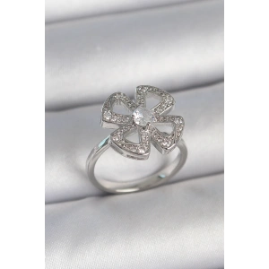 Erb Pirinç Gümüş Renk Zirkon Taşlı Yonca Model Ayarlanabilir Kadın Yüzük