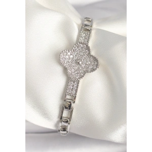 Erb Pirinç Gümüş Renk Zirkon Taşlı Yonca Model Kadın Bileklik