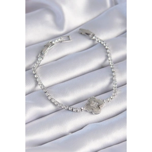 Erb Pirinç Gümüş Renk Zirkon Taşlı Yonca Model Kadın Bileklik