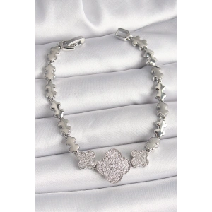 Erb Pirinç Gümüş Renk Zirkon Taşlı Yonca Model Zincir Model Kadın Bileklik