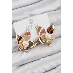 Erb Pirinç İnci Detaylı Çiçek Model Gold Renk Kadın Küpe