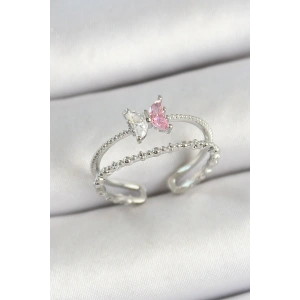 Erb Pirinç Kelebek Figürlü Zirkon Taşlı Gümüş Renk Ayarlanabilir Kadın Yüzük