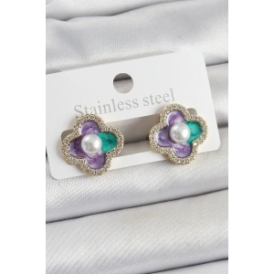 Erb Pirinç Mor Mineli İnci Detaylı Zirkon Taşlı Sanatsal Portre Yonca Model Gold Renk Kadın Küpe