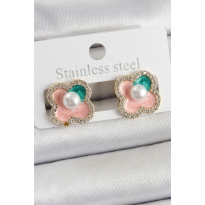 Erb Pirinç Pembe Mineli İnci Detaylı Zirkon Taşlı Sanatsal Portre Yonca Model Gold Renk Kadın Küpe