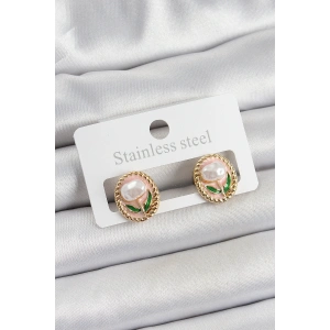 Erb Pirinç Pembe Mineli Lale Figürlü Sanatsal Portre Model Gold Renk Kadın Küpe