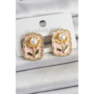 Erb Pirinç Pembe Mineli Papatya Figürlü Sanatsal Portre Model Gold Renk Kadın Küpe