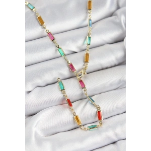 Erb Pirinç Renkli Zirkon Taşlı Dikdörtgen Model Gold Renk Kadın Y Kolye