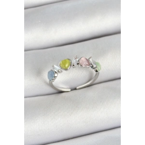 Erb Pirinç Sıralı Kalp Figürlü Zirkon Taşlı Gümüş Renk Ayarlanabilir Kadın Yüzük