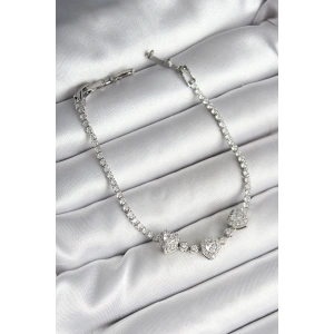 Erb Pirinç Sıralı Kalp Figürlü Zirkon Taşlı Gümüş Renk Kadın Bileklik