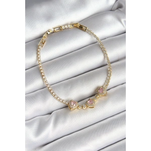 Erb Pirinç Sıralı Pembe Kalp Figürlü Zirkon Taşlı Gold Renk Kadın Bileklik