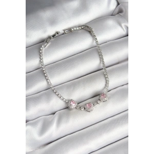 Erb Pirinç Sıralı Pembe Kalp Figürlü Zirkon Taşlı Gümüş Renk Kadın Bileklik