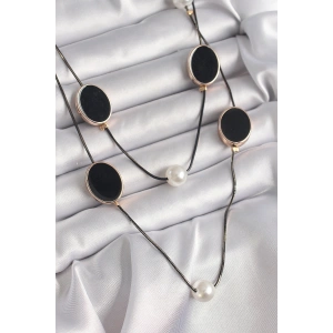 Erb Pirinç Siyah Renk Zincir İnci Detaylı Çoklu Kadın Kolye