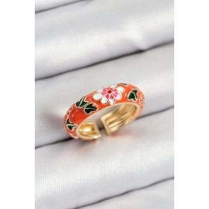 Erb Pirinç Turuncu Mineli Çiçek Motifli Gold Renk Ayarlanabilir Kadın Yüzük