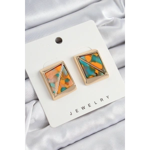 Erb Pirinç  Turuncu Yeşil Üçgen Kesim Detaylı Kare Model Vintage Gold Renk Kadın Küpe