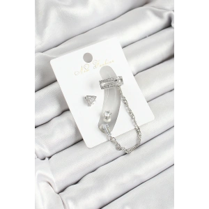 Erb Pirinç Üçgen Figürlü Zirkon Taşlı Gümüş Renk 3'lü Kıkırdak Kadın Küpe Set