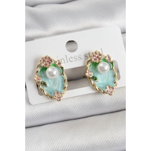 Erb Pirinç Yeşil Mineli İnci Detaylı Sanatsal Portre Model Gold Renk Kadın Küpe