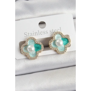 Erb Pirinç Yeşil Mineli İnci Detaylı Zirkon Taşlı Sanatsal Portre Yonca Model Gold Renk Kadın Küpe