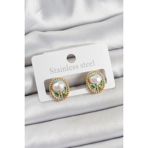 Erb Pirinç Yeşil Mineli Lale Figürlü Sanatsal Portre Model Gold Renk Kadın Küpe