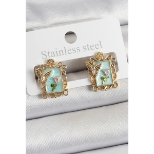 Erb Pirinç Yeşil Mineli Sanatsal Portre Model Gold Renk Kadın Küpe