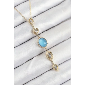 Erb Pirinç Zincir Mavi Gold Renk Zirkon Taşlı Y Kolye