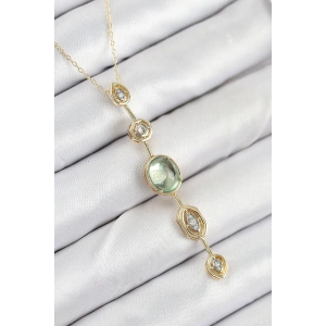 Erb Pirinç Zincir Yeşil Gold Renk Zirkon Taşlı Y Kolye