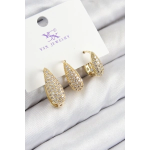 Erb Pirinç Zirkon Taşlı 3'lü Damla Model Gold Renk Kadın Küpe