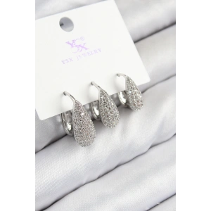 Erb Pirinç Zirkon Taşlı 3'lü Damla Model Gümüş Renk Kadın Küpe