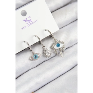 Erb Pirinç Zirkon Taşlı 3'lü Fatma'nın Gözü Model Gümüş Renk Kadın Küpe