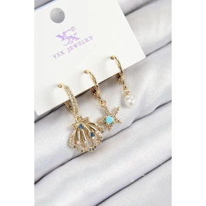 Erb Pirinç Zirkon Taşlı 3'lü İstiridye Ve Yıldız Model Gold Renk Kadın Küpe
