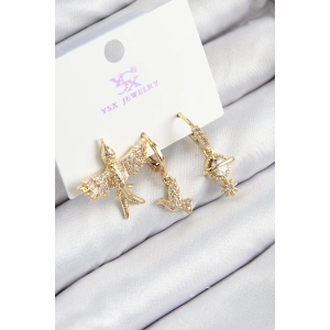 Erb Pirinç Zirkon Taşlı 3'lü Kuş Model Gold Renk Kadın Küpe