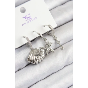 Erb Pirinç Zirkon Taşlı 3'lü Yıldız Ve İstiridye Model Gümüş Renk Kadın Küpe