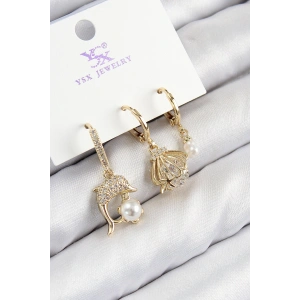 Erb Pirinç Zirkon Taşlı 3'lü Yunus Balığı Ve İstiridye Model Gold Renk Kadın Küpe