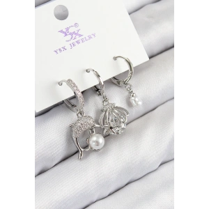 Erb Pirinç Zirkon Taşlı 3'lü Yunus Balığı Ve İstiridye Model Gümüş Renk Kadın Küpe