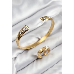 Erb Pirinç Zirkon Taşlı Ayrık Model Gold Renk Bileklik Yüzük Set