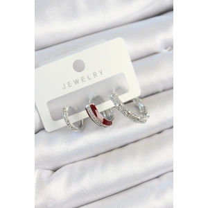 Erb Pirinç Zirkon Taşlı Bordo Pembe Halka Model Gümüş Renk 3'lü Çift Kadın Küpe Set