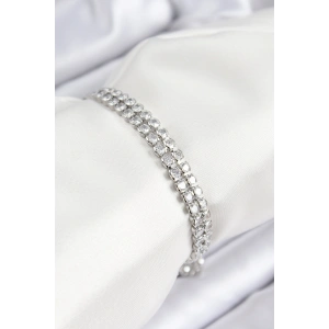 Erb Pirinç Zirkon Taşlı Çift Sıra Model Gümüş Renk Asansörlü Kadın Bileklik